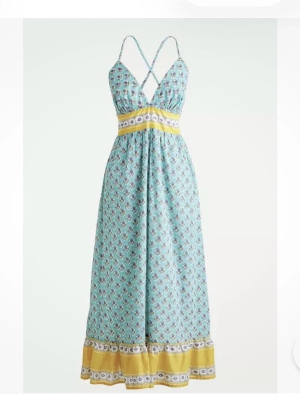J. Crew Mint Maxi Dress with Yellow Waist and Hem